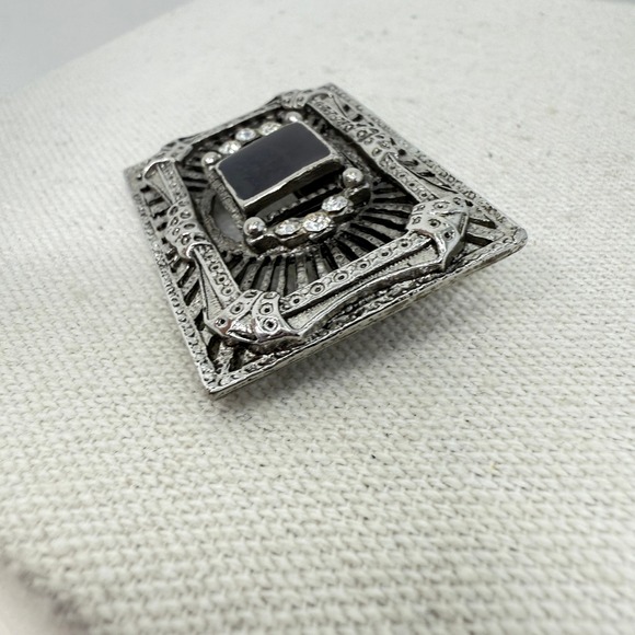 Art Deco Style Brooch Rhinestone Black Square Gem Silver Tone Filigree - Picture 6 of 10